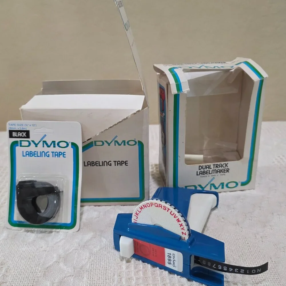 Vintage Dymo Dual Track Label Maker 1895-11 + 8 NIP 7291-09 Labeling Tape Black